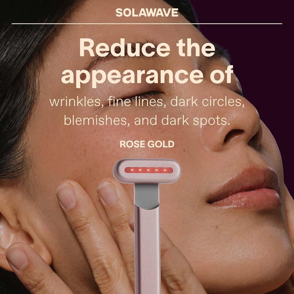 An image of the Solawave red light face wand with text saying reduce the appearance of wrinkles, fine lines, dark circles, blemished and dark spots