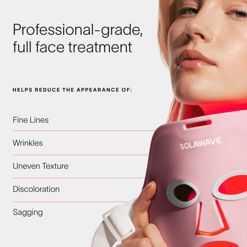 A person holds a Solawave Wrinkle Retreat Face Mask. Text reads: Professional-grade Red Light Therapy enhances skin radiance while reducing fine lines, wrinkles, uneven texture, discoloration, and sagging.