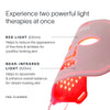 The Solawave Wrinkle Retreat Face Mask & LightBoost Serum Kit is a red and pink LED mask with eye, nose, and mouth cutouts. It uses red light therapy (630nm) to target fine lines and wrinkles, while near-infrared light (830nm) boosts skin radiance. FDA-cleared for effective results.