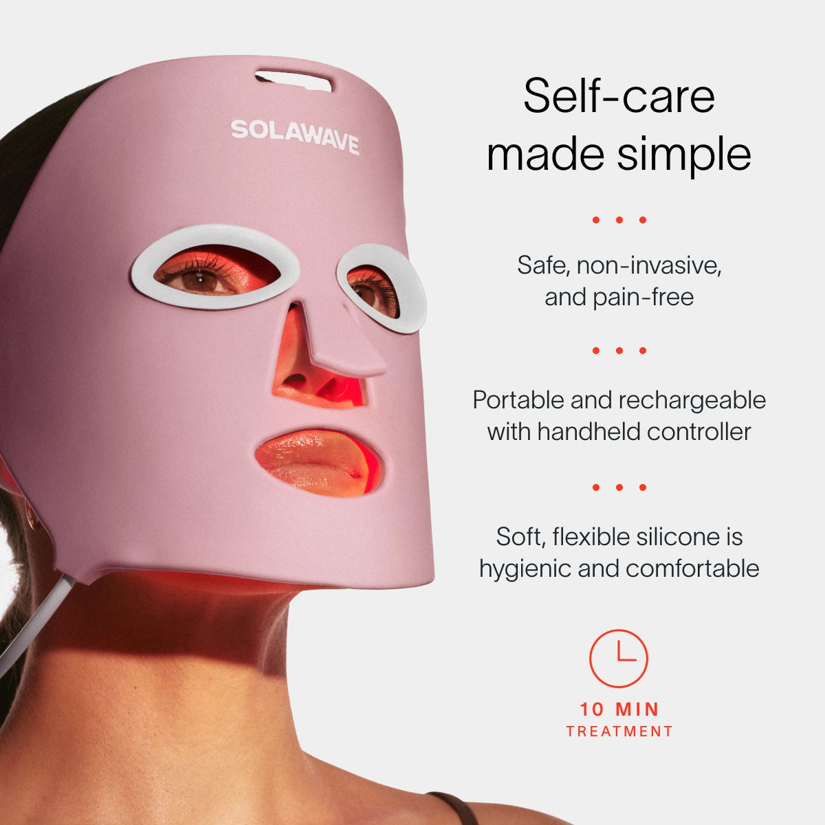 A person wearing a pink SOLAWAVE mask labeled Wrinkle Retreat Face Mask & LightBoost Cream Kit. The accompanying text says: Self-care made simple, featuring safety, portability, flexibility, and a 10-minute treatment to boost skin radiance with Red Light Therapy.