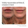 The Solawave 4-in-1 Red Light Therapy Wand & Activating Serum Kit shows side-by-side neck and lower face images labeled Day 1 and Day 30. The Day 30 image reveals smoother, younger-looking skin, highlighting reduced wrinkles. Text reads: Visibly rejuvenates creases. Results may vary.