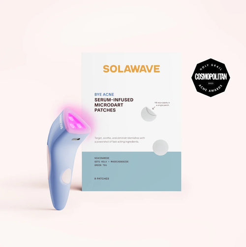 A product image features SolaWaves Bye Acne Pro Kit, including serum-infused microdart patches for blemish control and an LED light therapy device. The periwinkle patch packaging and a Cosmopolitan 2022 Acne Awards badge spotlight this effective acne treatment. || Periwinkle