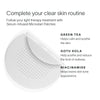 A graphic shows a serum-infused microdart patch with green tea to calm, gotu kola to reduce redness, and niacinamide for even skin tone. Header: Complete your clear skin routine with blemish control. Try the Bye Acne Pro Kit by SolaWave.