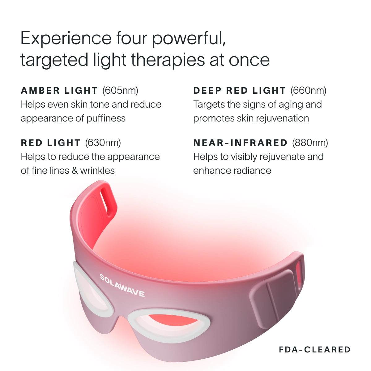 Image of the SolaWave Eye Recovery Pro Kit, a light therapy device with LightBoost technology and straps for four therapies: Amber Light (605nm) for even skin tone, Deep Red Light (660nm) for aging and rejuvenation, Red Light (630nm) to reduce fine lines, and Near-Infrared (880nm) to enhance radiance.