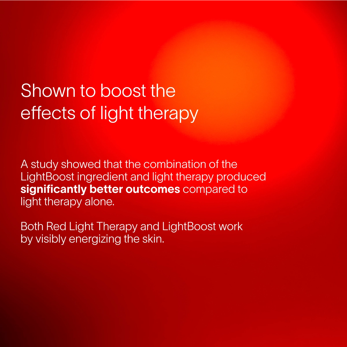 Red background displaying text: The Eye Recovery Pro Kit by SolaWave boosts light therapys effects. A study revealed the kit, featuring LightBoost technology, enhances results when paired with light therapy, visibly energizing skin.