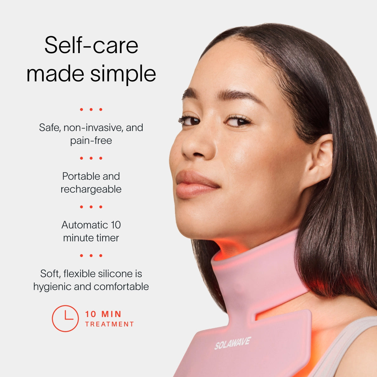 A woman uses a pink Solawave Neck & Chest LED Mask w/ LightBoost Cream Kit for self-care, featuring Red Light Therapy. Text reads, Self-care made simple, highlighting its safety, portability, rechargeability, automatic 10-minute timer, and soft silicone design for hygiene and comfort.