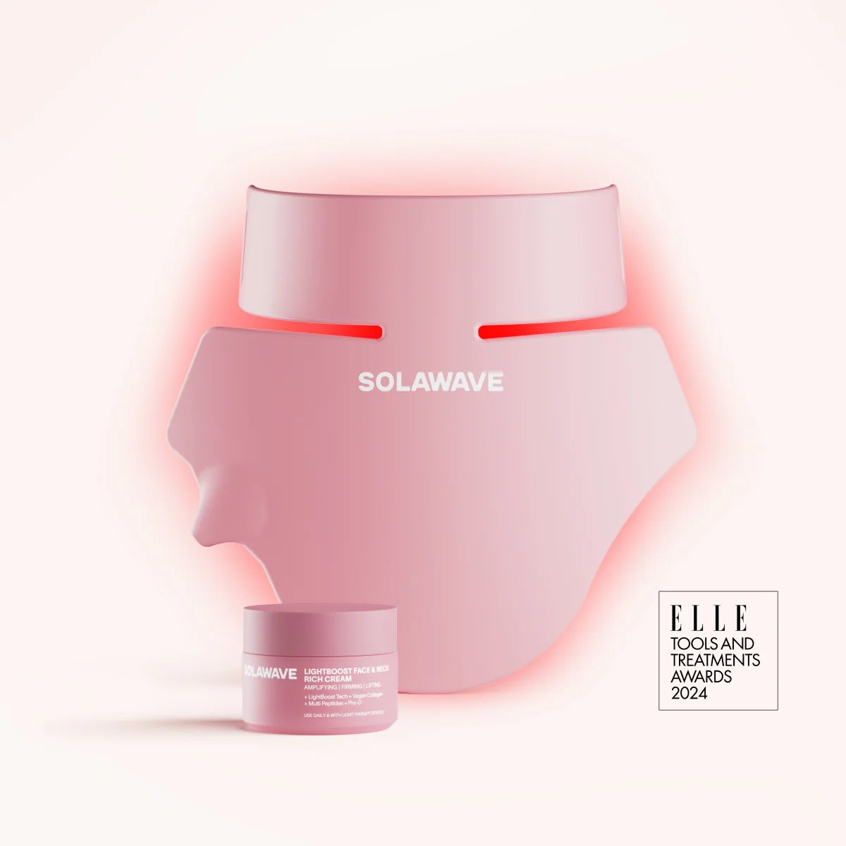 The Solawave Neck & Chest LED Mask in rose showcases glowing LEDs for Red Light and Near-Infrared therapy, accompanied by LightBoost Cream. It features a minimalistic background with Elle Tools and Treatments Awards 2024 text in the bottom right.