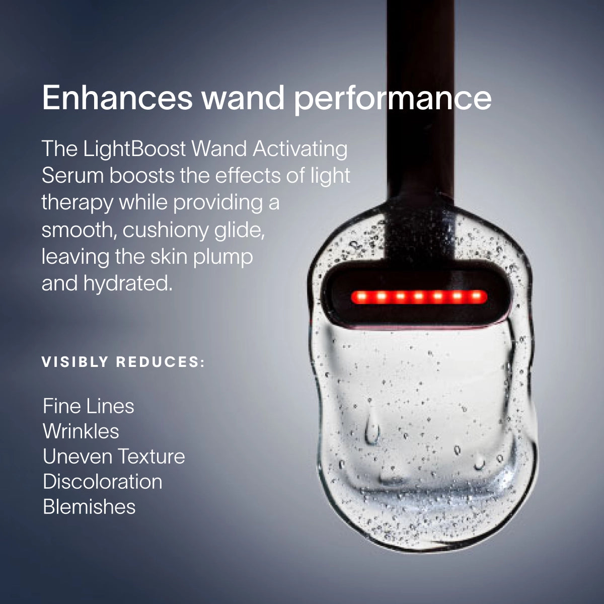 A close-up of a red light therapy wand by Solawave. Text: Enhances wand performance. The 4-in-1 Red Light Therapy Wand & Activating Serum Kit boosts collagen and enhances results, leaving skin plump and hydrated. Visibly reduces fine lines, wrinkles, uneven texture, discoloration, blemishes.