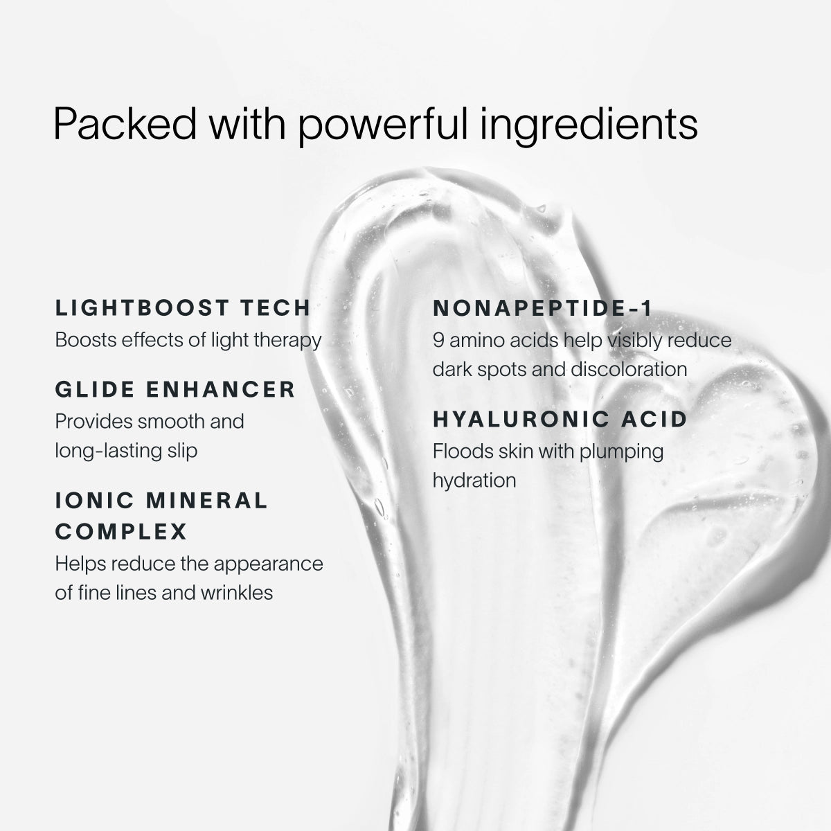 A transparent gel texture with light swirls sits on a white background, highlighting skincare ingredients such as Lightboost Tech, Glide Enhancer, Ionic Mineral Complex, and NONAPEPTIDE-1. The text overlay emphasizes enhanced collagen production and sculpting effects using Hyaluronic Acid in the Solawave 4-in-1 Red Light Therapy Wand & Activating Serum Kit.