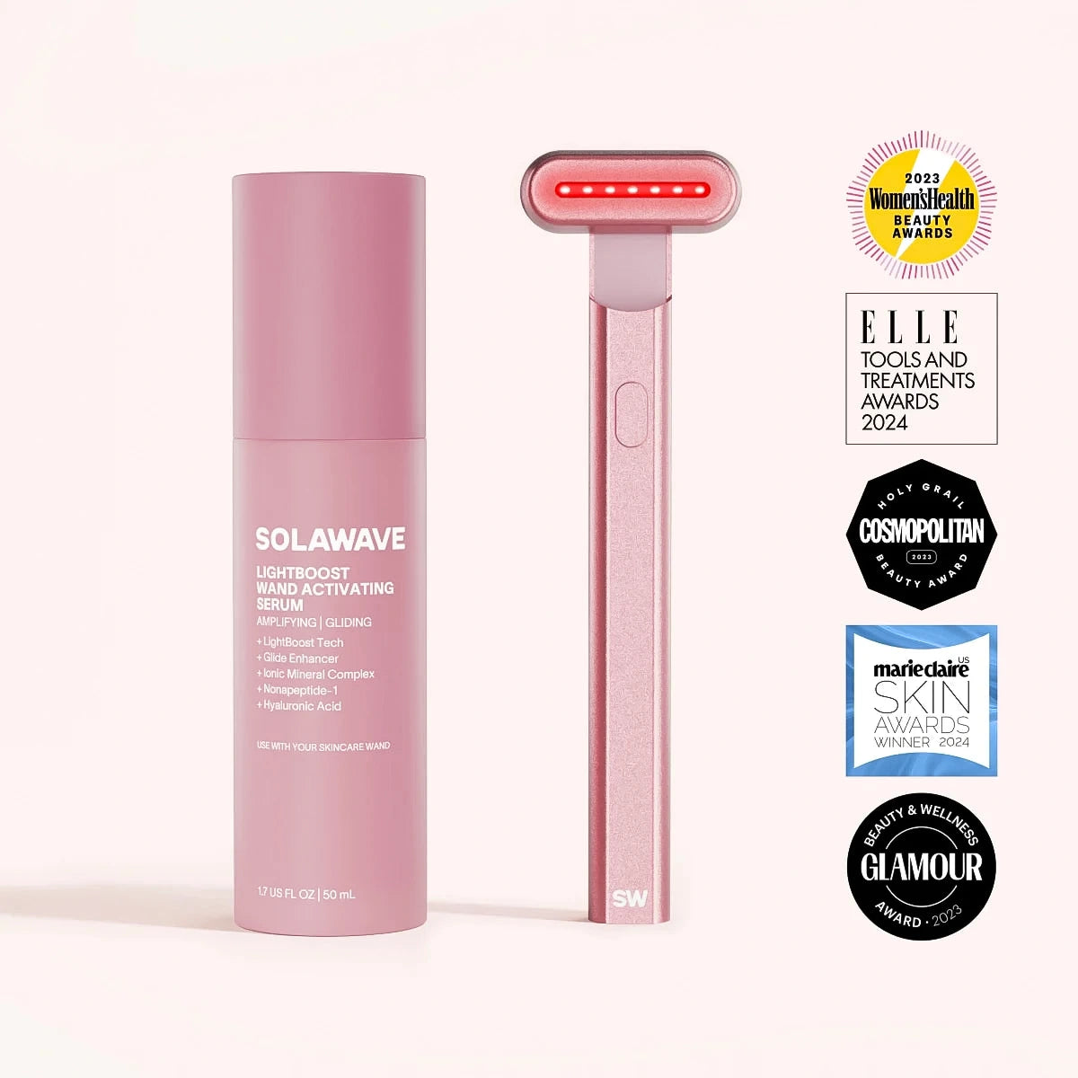 A rose gold 4-in-1 Red Light Therapy Wand & Activating Serum Kit by Solawave uses red light to enhance collagen. Its praised with awards from Womens Health, Elle, Cosmopolitan, Marie Claire, and Glamour.